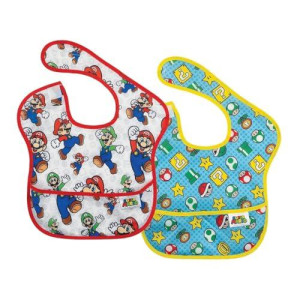 Bumkins Nintendo Super Mario SuperBib, Baby Bib, Waterproof, Washable, Stain and Odor Resistant, 6-24 Months (Pack of 2) - classic & Icons