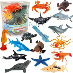 Liberty Imports Bucket Of Ocean Sea Animals Toys - 16 Pcs Large Underwater Deep Sea Creaures, Realistic Soft Plastic Marine Educational Toy Figures Playset For Toddlers, Kids