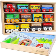 Orbrium 12 Wooden Train Cars Set With Wooden Storage Box With Box Cover Tunnel For 3,4,5,6,7 Years Old Compatible With Thomas & Friends Push-Along, Brio, Ikea, Imaginarium, Melissa And Doug