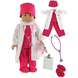 American Fashion World Pink Doll Doctor Outfit For 18-Inch Dolls| 7 Piece Set | Premium Quality & Trendy Design | Dolls Clothes | Outfit Fashions For Dolls For Popular Brands