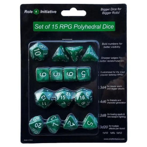 Role 4 Initiative Set Of 15 Large High-Visibility Polyhedral Dice: Marble Green With White Numbers (3D4 4D6 2D8 1D10 1D% 1D12 3D20)