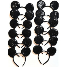 Clgift 12 X Mickey Ears Solid Sequin Black Headband For Boys And Girls Birthday Party Celebration Event /Diy Headband/