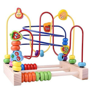 Fun Little Toys Wooden Baby Beads Maze Toys, Toddlers Roller Coaster Game Cubes, Educational Around Circle Bead Skill Improvement Wood Toy, Sliding Beads On Twists Wire, Boys Girls