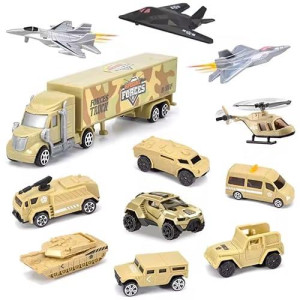 12 Pcs Military Plastic Army Men Vehicles Toy Playset - Includes Stealth Bomber, Tanks, Helicopter, Fighter Jets And More For Kids, Boys