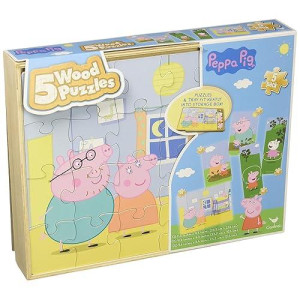 Peppa Pig 5 Wood Puzzles In Wooden Storage Box (Styles Will Vary)