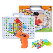 Drill & Play Creative Educational Toy Set With Real Toy Drill - Stem Construction Game Mosaic Design Building Toys Tool Kit For Kids And Toddlers