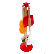 Justforkids Wooden Detachable Kids Cleaning Set - Duster, Brush, Mop, Broom And Hanging Stand Play - Housekeeping Kit - Stem Toys For Toddlers Girls & Boys, Total 6 Pieces,Multi Color,10071
