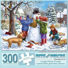 Bits And Pieces - 300 Large Piece Jigsaw Puzzle For Adults - Building A Snowman On A Snow Day - 300 Pc Winter Scene Jigsaw By Artist Liz Goodrick-Dillon