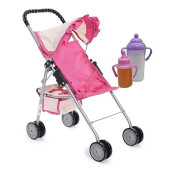 Fash N Kolor My First Doll Stroller With Basket - Pink Off-White Foldable Doll Stroller - Fits Upto 18 Dolls, 2 Free Magic Bottles Included