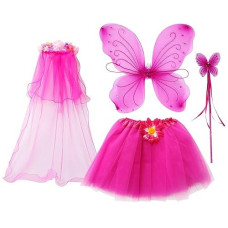 Fedio 4Pcs Girls Princess Fairy Costume Set With Wings, Tutu, Wand And Floral Wreath Veil For Children Ages 3-6 (Pink)