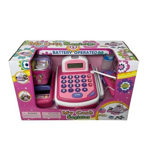Lvnvtoys Activity Learning Family Battery Operated Electronic Cash Register Toy Pretend Play Microphone, Scanner, Money And Credit Card, Groceries With Sound Pink
