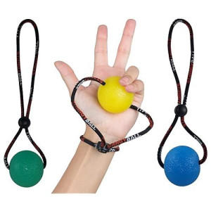 Secure Stress Balls on a String - for Stress Relief, Hand Exercise, Strengthening, Rehabilitation - Soft, Medium and Firm Stress Balls with Exercise Guide - No Falling or Rolling Away (3 Balls Set)