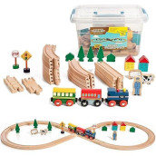 On Track USA Wooden Train Set Figure 8 Wooden Train Track Set, 35 Piece Deluxe Basic Set, with Magnetic Trains and Railway Accessories - Comes in A Clear Container, Compatible with All Major Brands