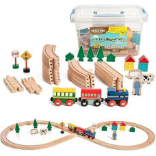 On Track Usa Wooden Train Set 35 Piece All In One Wooden Toy Train Tracks Set With Magnetic Trains And Railway Accessories, Comes In A Clear Container, Compatible With All Major Brands