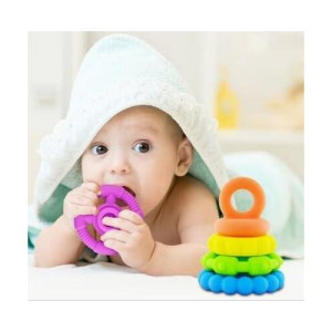 Stacking Baby Teether Toy - Sensory Silicone Teething Rings For Babies - Promote Motor Skills-Premium Food Grade Silicone Rainbow Colors - Bpa Free