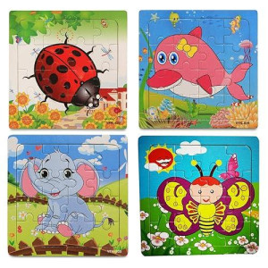 Kids Puzzles Toys 4 Pack, 16Pcs Wooden Animals Elephant Bee Dolphins Ladybugs Fancy Education And Learning Intelligence Toys Jigsaw Puzzles Present (Red) (Red)