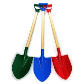 Matty'S Toy Stop 31" Heavy Duty Wooden Kids Sand Shovels With Plastic Spade & Handle (Red, Blue & Green) Complete Gift Set Bundle - 3 Pack