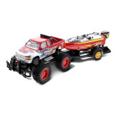 Mozlly Monster Truck Toys Set With Trailer Toy Boat - Friction Powered Hauling Truck And Trailer Toy, Big Toy Monster Truck With Boat, Adventure Truck Pulling Boat Toy Monster Trucks For Kids - 9 Inch