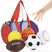 Neliblu Foam Sports Toys With Bag, Set Of 5 - Includes Soccer Ball, Basketball, Football, Baseball And Tennis Ball - Suitable For Baby'S Small Hands To Grab - Balls For Kids And Toddlers Ages 1-3