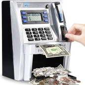 Atm Savings Bank For Real Money For Adults Kids With Card Personal Atm Saving Piggy Bank Machine For Boys Girls, Password Login,Coin Recognition,Balance Calculator,Electronic Safe Box (Silver/Black)