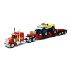 New-Ray New 1:32 Newray Truck & Trailer Collection - Red Peterbilt Model 379 Lowboy With Monster Truck Diecast Model Toys