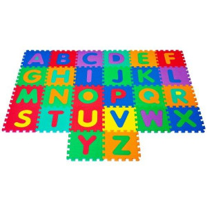 Interlocking Foam Tile Play Mat With Letters - Nontoxic Childrens Multicolor Puzzle Tiles For Playrooms, Nurseries, Classrooms And More By Hey! Play!, 26