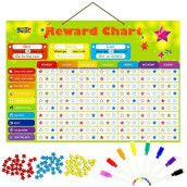 Magnetic Reward Behavior Star Chore Chart For One Or Multiple Kids, Includes 8 Markers + 60 Foam Backing Illustrated Chores + 300 Stars In Red, Yellow, Blue. X- Large 17X12 Inch. Hanging Loop Ready!