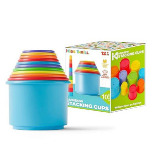 Kidsthrill Rainbow Colors Baby Stacking Cups For Toddlers, Tall Baby Stacking Toys Nesting Cups, Drain Holes For Bath Toys, Educational & Motor Skills Sorting & Nesting Toys For 1 2 3 Years Old