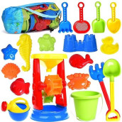 Beach Toys, 19 Piece Sand Toys Set Kids Sandbox Toys Includes Water Wheel Beach Tool Kit Bucket Watering Can Molds Sand Toys Mesh Bag For Travel, Beach Toys For Kids Ages 3-13