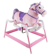 Spring Rocking Horse Plush Ride On Toy With Adjustable Foot Stirrups And Sounds For Toddlers To 5 Years Old By Happy Trails - Pink, Large
