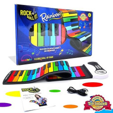 Rock And Roll It - The Original Rainbow Piano. Roll Up Flexible Piano Keyboard For Kids / Beginners. Portable 49 Keys Silicone Piano Pad. Play-By-Color Songbook Included!