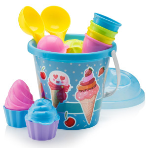 Top Race Kids Beach Toys Set With Bucket Pail And Spade Scoop - 16Pcs Ice Cream Blue Sand Playset For Kids & Toddlers Ages 1.5,2,3,4,5,6,7,8,9