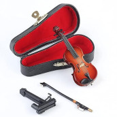Dselvgvu Wooden Miniature Violin With Stand,Bow And Case Mini Musical Instrument Miniature Dollhouse Model Home Decoration (3.94"X1.57"X0.63")