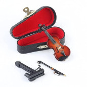 Dselvgvu Wooden Miniature Violin With Stand,Bow And Case Mini Musical Instrument Miniature Dollhouse Model Home Decoration (3.15X1.18X0.59)