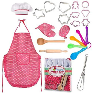 22 Pcs Kids Cooking And Baking Set - Includes Apron For Girls,Chef Hat,Oven Mitt And Other Cooking Utensils For Toddler Chef Career Role Play,Girls Dress Up Pretend Play Gift
