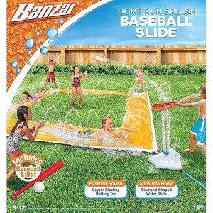 Banzai Home Run Splash Baseball Slide, Length: 14 Ft, Width: 14 Ft, Inflatable Outdoor Backyard Water Slide Splash Toy, Baseball Bat & Ball Included