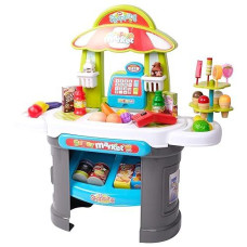 Color Tree Kids Play Grocery Store Mart Cashier Play Set - Supermarket Play Pretend Grocery Shopping Register Counter Stand For Toddlers Includes Play Food, Canned Goods, Toy Scanner, And Play Money