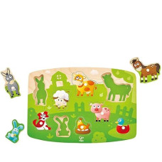 Hape Farmyard Peg Puzzle | 10 Piece Wooden Animal Peg Jigsaw Puzzle Game, Learning Toy For Toddlers, Multicolor, 5'' X 2''