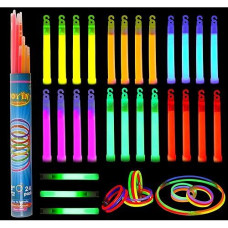 Glow Sticks Bulk 51 Pieces Including 27 6" Long 0.6" Extra Thick Industrial Grade Glowsticks Emergency (3 In Whistle Shape) And 24 8" Long Glow Stick Bracelets For July 4Th Party Halloween Party