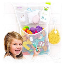 Tub Cubby Original Bath Toy Storage For Baby Toys With Suction & Adhesive Hooks, 14X20 Mesh Net Shower Caddy For Bathtub Toys, 36 Abc Soft Foam Letters & Numbers - Bonus Rubber Duck & Hooks