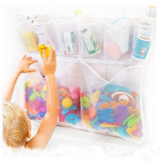 Tub Cubby Original Bath Toy Storage - Hanging Bath Toy Holder, With Suction & Adhesive Hooks, 30"X23" Mesh Net Shower Caddy For Kids Bathroom Decor, Bedroom Toy Organizer (Large