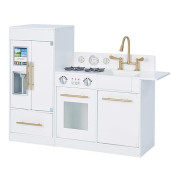 Teamson Kids Little Chef Chelsea Kids Play Kitchen, Wood Play Kitchen Set for Toddlers with Pretend Ice-Maker, Modular Design, & Storage Space, White/Gold