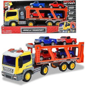 Sunny Days Entertainment Long Haul Vehicle Transport - Lights and Sounds Pull Back Toy Vehicle with Friction Motor | Includes 4 Die Cast Pick Up Trucks - Maxx Action