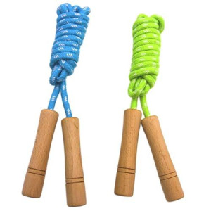 Cotton Jump Rope For Kids - Wooden Handle - Adjustable Cotton Braided Fitness Skipping Rope - Outdoor Fun Activity, Great Party Favor, Exercise Activity, Pack Of 2 (Blue+Green)