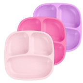 Re-Play Made In Usa 7" Deep Walled Divided Plates For Kids, Set Of 3 - Reusable 3 Compartment Plates, Dishwasher And Microwave Safe - 7.37" X 7.37" X 1.25", Princess