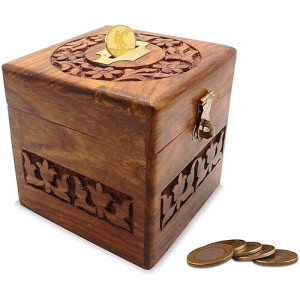 Whopperindia Wooden Handmade Coins Storage Money Bank With Carving Work Piggy Bank For Kids 4 X 4 Inch