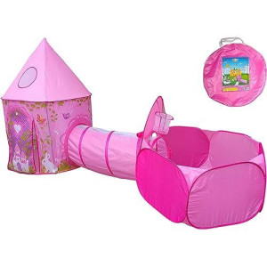 Playz 3Pc Girls Princess Fairy Tale Castle Play Tent, Crawl Tunnel & Ball Pit W/Pink Prairie Design - Foldable For Indoor & Outdoor Use W/Zipper Storage Case