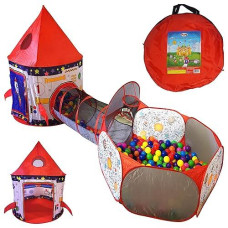 Playz 3Pc Rocket Ship Astronaut Kids Play Tent, Tunnel, & Ball Pit With Basketball Hoop Toys For Boys, Girls, Babies, And Toddlers - Stem Inspired Educational Galactic Spaceship Design W/Planets