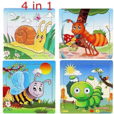 Omgod Kids Puzzles Toys 4 Pack, 16Pcs Wooden Animals Elephant Bee Dolphins Ladybugs Fancy Education And Learning Intelligence Toys Jigsaw Puzzles Present