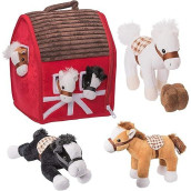 Prextex Plush Farm House With Soft And Cuddly 5" Plush Horses, Farm Boy, And Farm House Barn House Carry Along Case